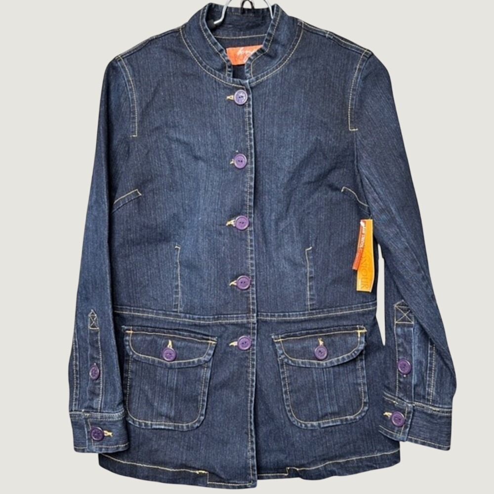 Bonjour Raw Stretch Indigo Denim Jacket Womens Small Dark Wash Mock Neck Relaxed